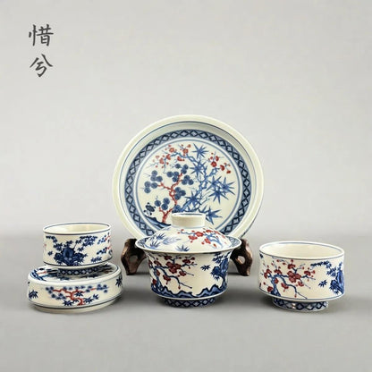 Jingdezhen Blue & White Underglaze Red Gongfu Tea Set – Pine, Bamboo & Plum | 5-Piece