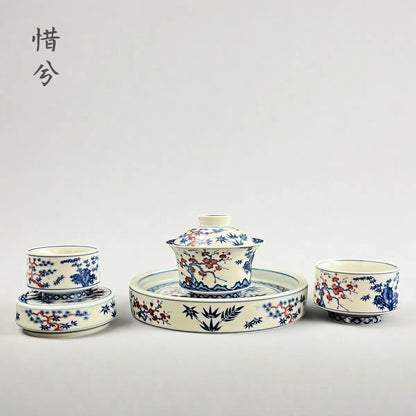 Jingdezhen Blue & White Underglaze Red Gongfu Tea Set – Pine, Bamboo & Plum | 5-Piece