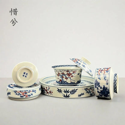 Jingdezhen Blue & White Underglaze Red Gongfu Tea Set – Pine, Bamboo & Plum | 5-Piece