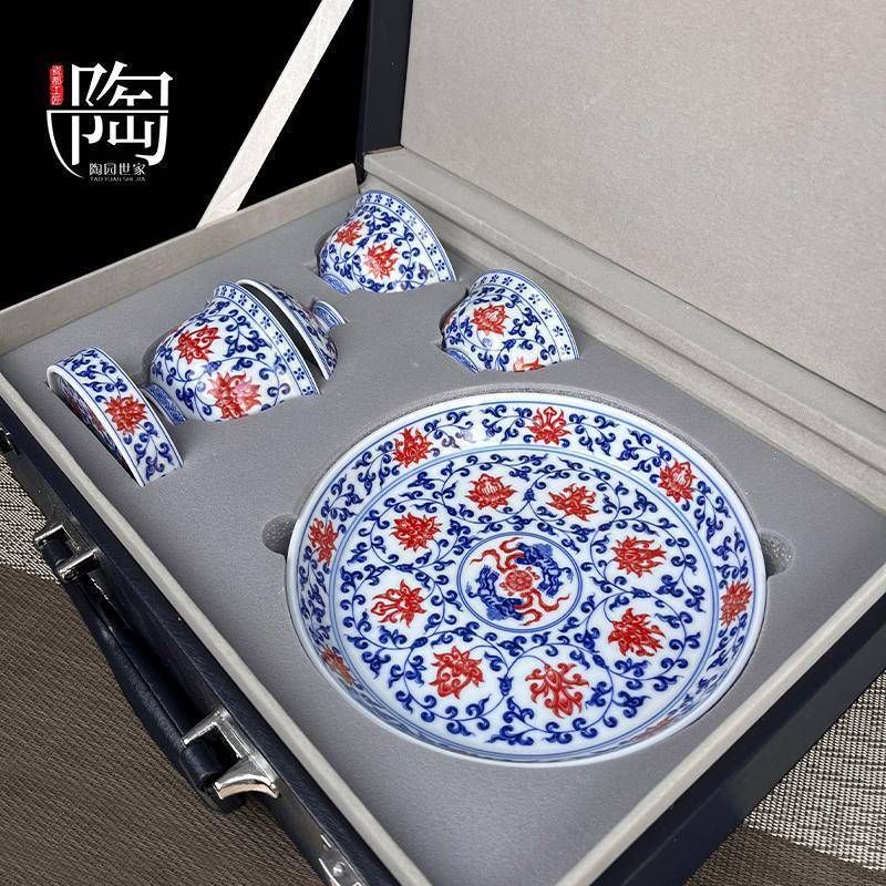 Blue & White Porcelain Gongfu Tea Set with Underglaze Red – Jingdezhen Ceramic | Gift Box