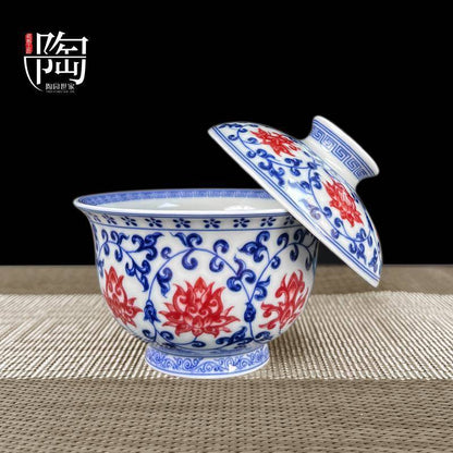 Blue & White Porcelain Gongfu Tea Set with Underglaze Red – Jingdezhen Ceramic | Gift Box