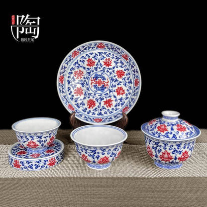 Blue & White Porcelain Gongfu Tea Set with Underglaze Red – Jingdezhen Ceramic | Gift Box