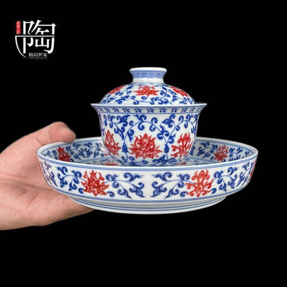 Blue & White Porcelain Gongfu Tea Set with Underglaze Red – Jingdezhen Ceramic | Gift Box