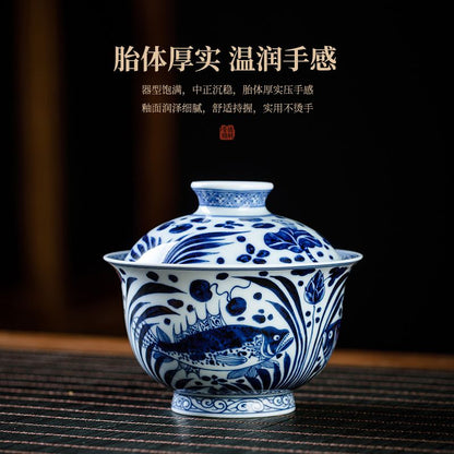 Jingdezhen Blue & White Porcelain Gaiwan Tea Set – Hand-Painted Fish & Algae Design (5-Piece Gift Box)