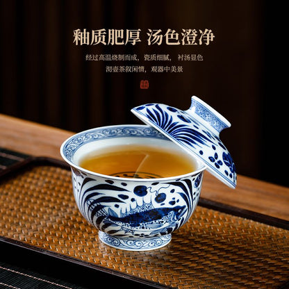 Jingdezhen Blue & White Porcelain Gaiwan Tea Set – Hand-Painted Fish & Algae Design (5-Piece Gift Box)