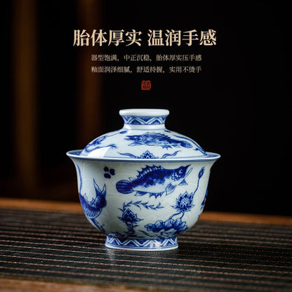 Jingdezhen Blue & White Gongfu Tea Set – Fish & Sea Wave Porcelain | 5-Piece
