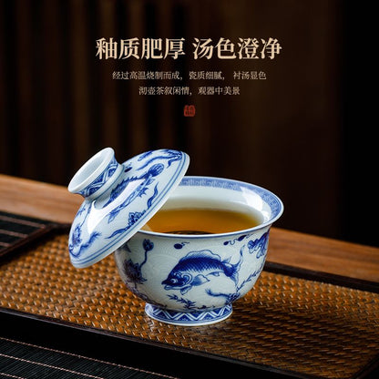 Jingdezhen Blue & White Gongfu Tea Set – Fish & Sea Wave Porcelain | 5-Piece