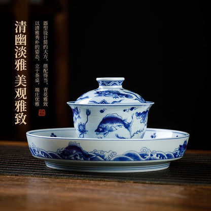 Jingdezhen Blue & White Gongfu Tea Set – Fish & Sea Wave Porcelain | 5-Piece