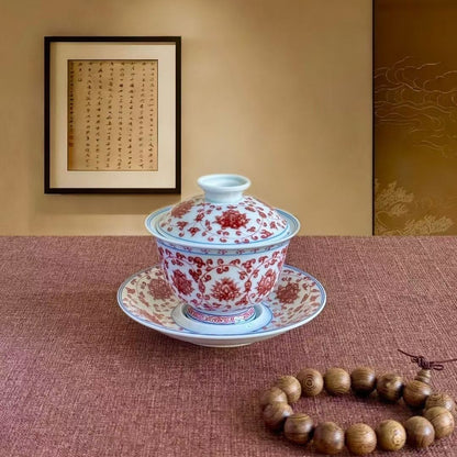 Jingdezhen Underglaze Red Gaiwan Tea Set – Hand-Painted Lotus Scroll, High-Fire Porcelain (5-Piece Gift Box)