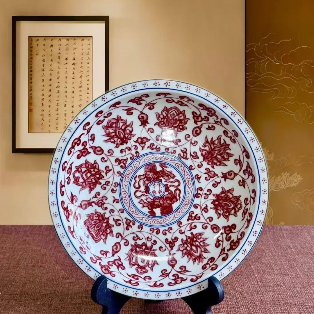 Jingdezhen Underglaze Red Gaiwan Tea Set – Hand-Painted Lotus Scroll, High-Fire Porcelain (5-Piece Gift Box)