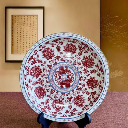 Jingdezhen Underglaze Red Gaiwan Tea Set – Hand-Painted Lotus Scroll, High-Fire Porcelain (5-Piece Gift Box)