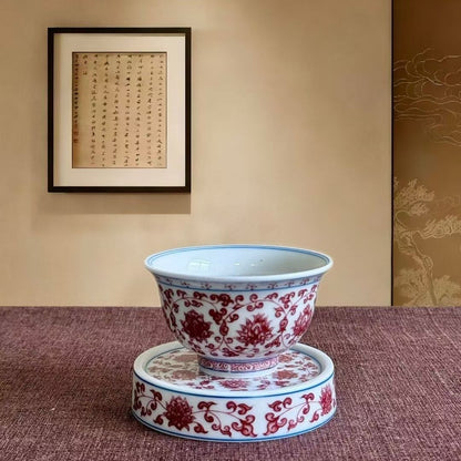 Jingdezhen Underglaze Red Gaiwan Tea Set – Hand-Painted Lotus Scroll, High-Fire Porcelain (5-Piece Gift Box)