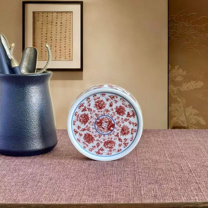 Jingdezhen Underglaze Red Gaiwan Tea Set – Hand-Painted Lotus Scroll, High-Fire Porcelain (5-Piece Gift Box)