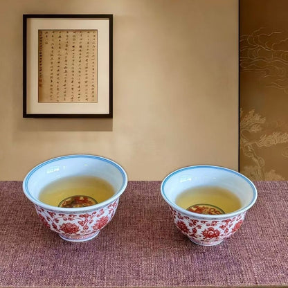 Jingdezhen Underglaze Red Gaiwan Tea Set – Hand-Painted Lotus Scroll, High-Fire Porcelain (5-Piece Gift Box)
