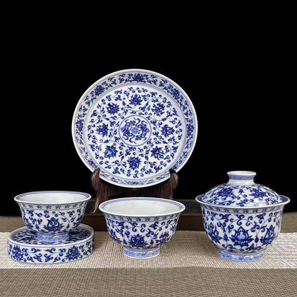 Jingdezhen Blue & White Porcelain Gaiwan Tea Set – Hand-Painted Lotus Scroll Design (5-Piece)