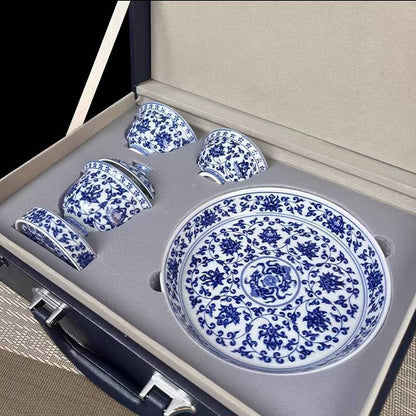 Jingdezhen Blue & White Porcelain Gaiwan Tea Set – Hand-Painted Lotus Scroll Design (5-Piece)
