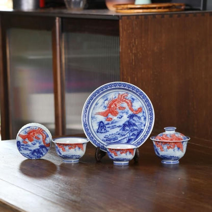 Jingdezhen Blue & White Underglaze Red Gongfu Tea Set – Phoenix & Mountain Landscape | 5-Piece