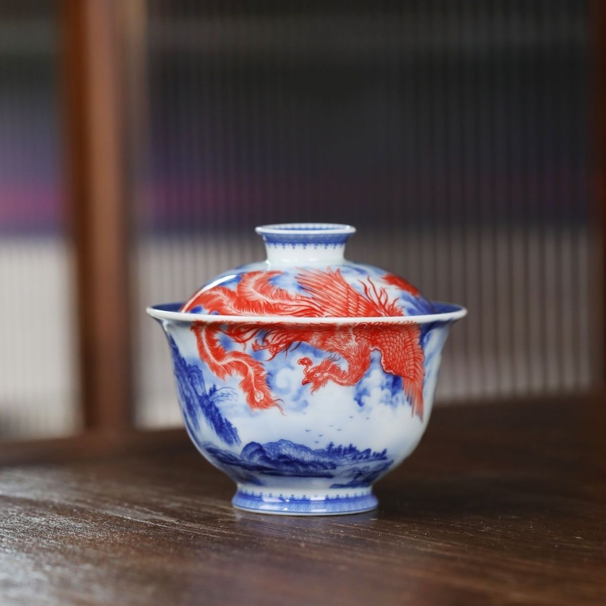 Jingdezhen Blue & White Underglaze Red Gongfu Tea Set – Phoenix & Mountain Landscape | 5-Piece