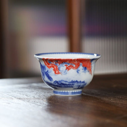 Jingdezhen Blue & White Underglaze Red Gongfu Tea Set – Phoenix & Mountain Landscape | 5-Piece