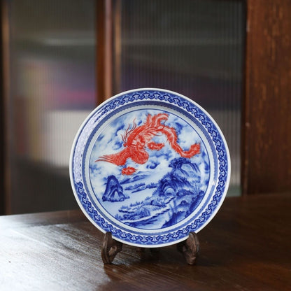 Jingdezhen Blue & White Underglaze Red Gongfu Tea Set – Phoenix & Mountain Landscape | 5-Piece