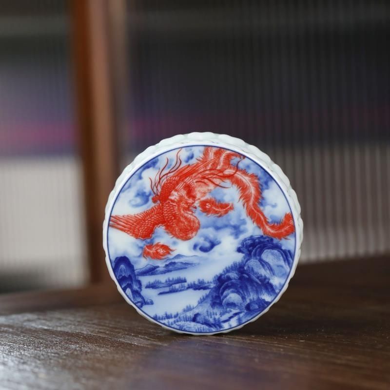 Jingdezhen Blue & White Underglaze Red Gongfu Tea Set – Phoenix & Mountain Landscape | 5-Piece