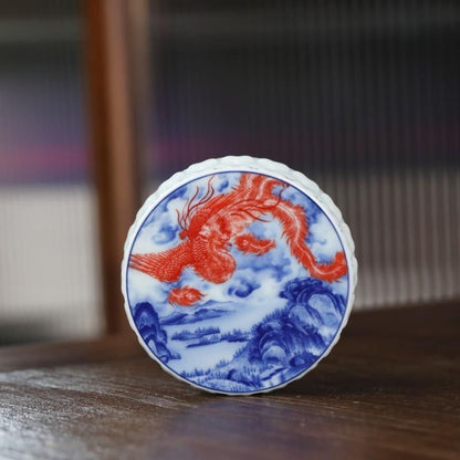 Jingdezhen Blue & White Underglaze Red Gongfu Tea Set – Phoenix & Mountain Landscape | 5-Piece