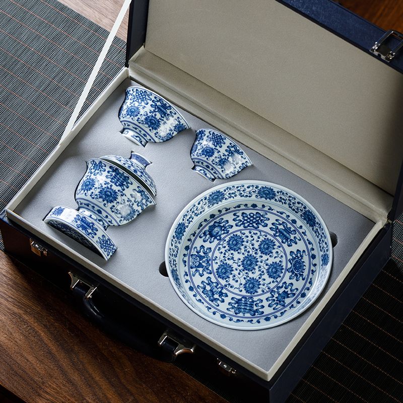 Jingdezhen Blue & White Eight Treasures Gongfu Tea Set – Auspicious Ba Bao Porcelain | 5-Piece