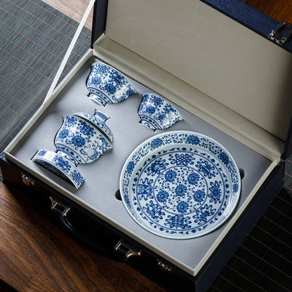 Jingdezhen Blue & White Eight Treasures Gongfu Tea Set – Auspicious Ba Bao Porcelain | 5-Piece