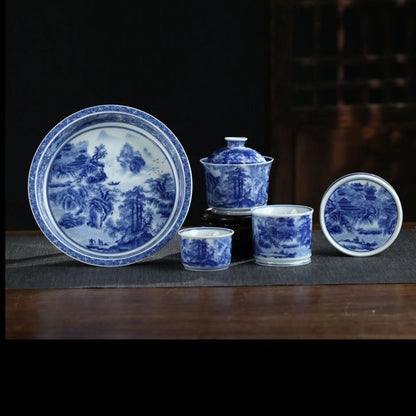 Jingdezhen Blue & White Landscape Gongfu Tea Set – Sancai Gaiwan & Antique Horseshoe Style | 5-Piece
