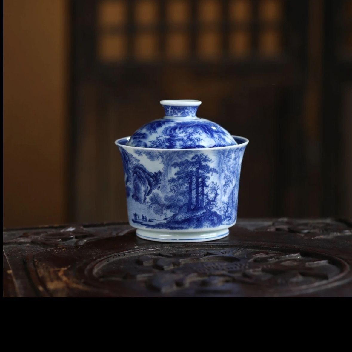 Jingdezhen Blue & White Landscape Gongfu Tea Set – Sancai Gaiwan & Antique Horseshoe Style | 5-Piece