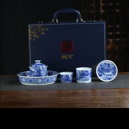 Jingdezhen Blue & White Landscape Gongfu Tea Set – Sancai Gaiwan & Antique Horseshoe Style | 5-Piece