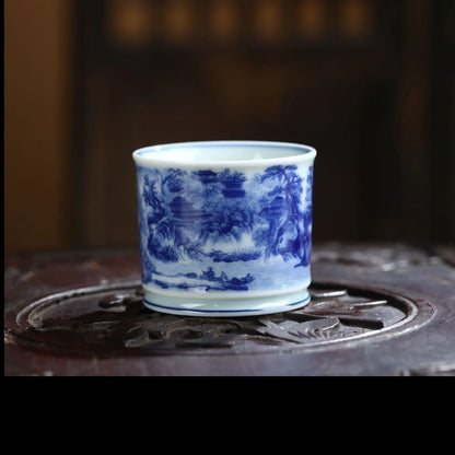 Jingdezhen Blue & White Landscape Gongfu Tea Set – Sancai Gaiwan & Antique Horseshoe Style | 5-Piece