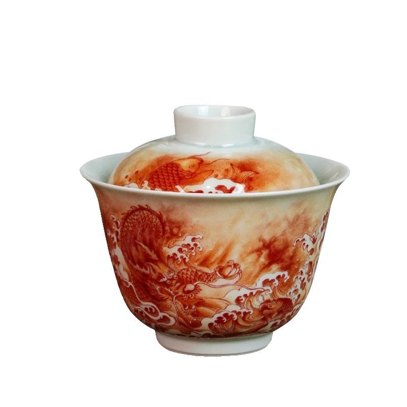 Jingdezhen Iron-Red Fish & Dragon Gaiwan Tea Set – High-Fire Porcelain (6-Piece Gift Box)
