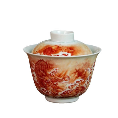 Jingdezhen Iron-Red Fish & Dragon Gaiwan Tea Set – High-Fire Porcelain (6-Piece Gift Box)