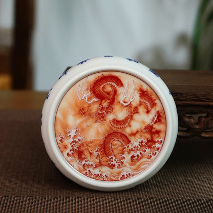 Jingdezhen Iron-Red Fish & Dragon Gaiwan Tea Set – High-Fire Porcelain (6-Piece Gift Box)