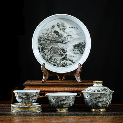 Jingdezhen Ink-Wash Landscape Gaiwan Tea Set – Jiangnan Scenery Design (5-Piece Gift Box)