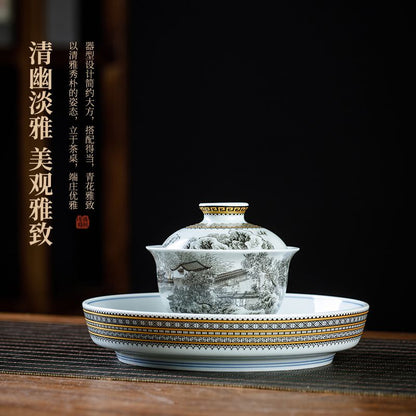 Jingdezhen Ink-Wash Landscape Gaiwan Tea Set – Jiangnan Scenery Design (5-Piece Gift Box)