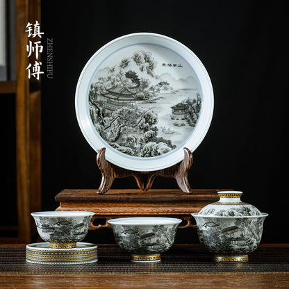 Jingdezhen Ink-Wash Landscape Gaiwan Tea Set – Jiangnan Scenery Design (5-Piece Gift Box)