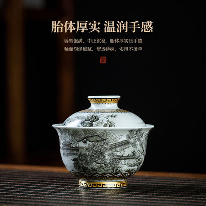 Jingdezhen Ink-Wash Landscape Gaiwan Tea Set – Jiangnan Scenery Design (5-Piece Gift Box)