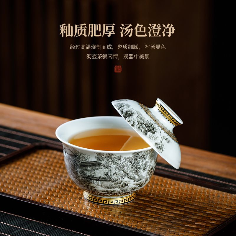 Jingdezhen Ink-Wash Landscape Gaiwan Tea Set – Jiangnan Scenery Design (5-Piece Gift Box)
