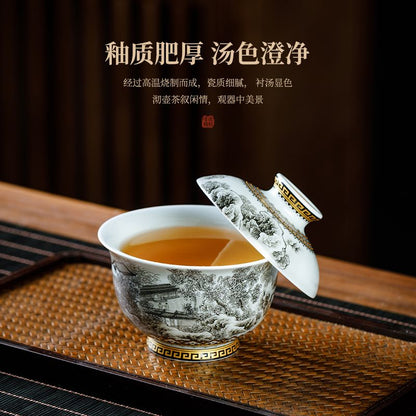 Jingdezhen Ink-Wash Landscape Gaiwan Tea Set – Jiangnan Scenery Design (5-Piece Gift Box)