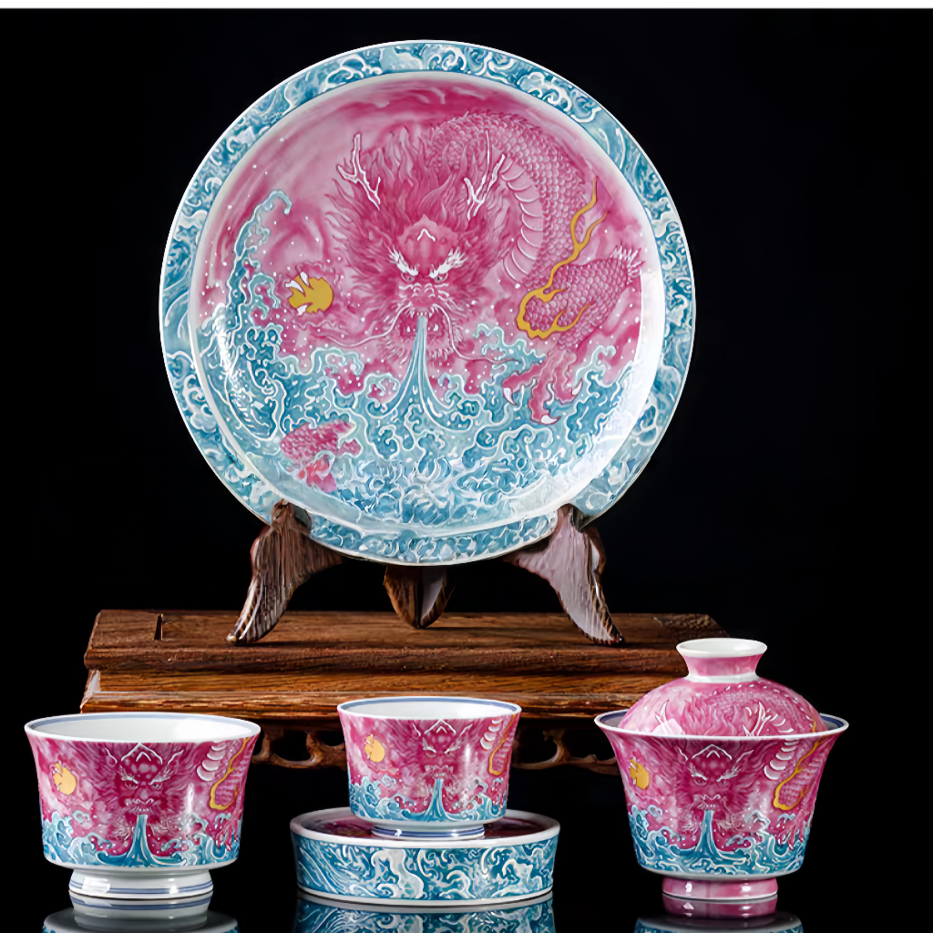 Jingdezhen Ruby Red Dragon Gaiwan Tea Set – Famille Rose Porcelain (5-Piece Gift Box)