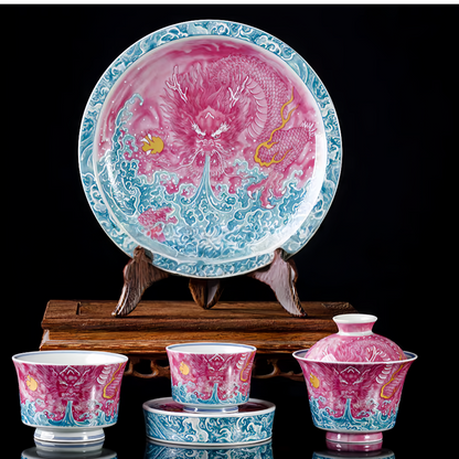 Jingdezhen Ruby Red Dragon Gaiwan Tea Set – Famille Rose Porcelain (5-Piece Gift Box)
