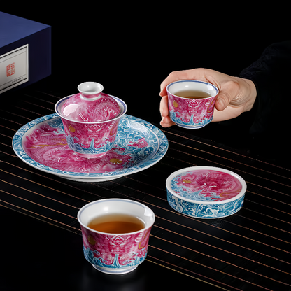 Jingdezhen Ruby Red Dragon Gaiwan Tea Set – Famille Rose Porcelain (5-Piece Gift Box)