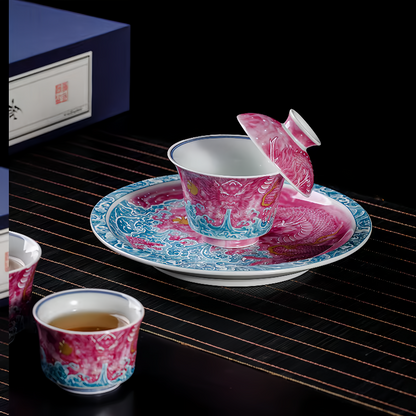 Jingdezhen Ruby Red Dragon Gaiwan Tea Set – Famille Rose Porcelain (5-Piece Gift Box)