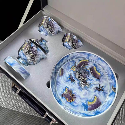Jingdezhen Purple Dragon Gaiwan Tea Set – High-Fire Porcelain (5-Piece)