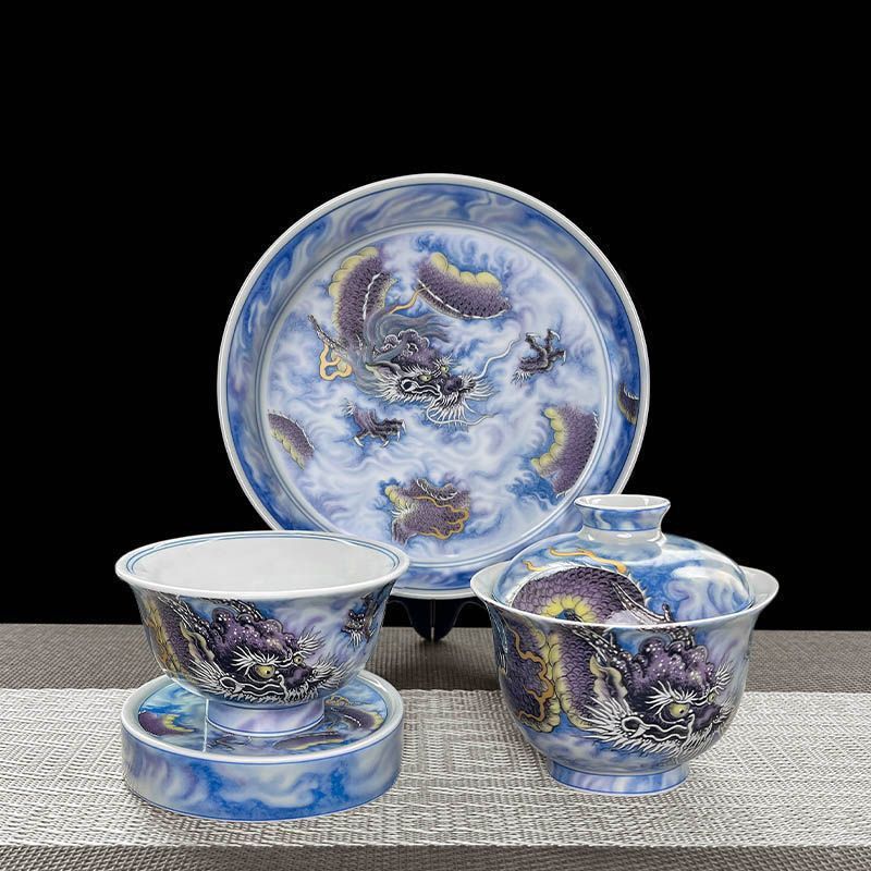Jingdezhen Purple Dragon Gaiwan Tea Set – High-Fire Porcelain (5-Piece)