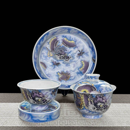 Jingdezhen Purple Dragon Gaiwan Tea Set – High-Fire Porcelain (5-Piece)