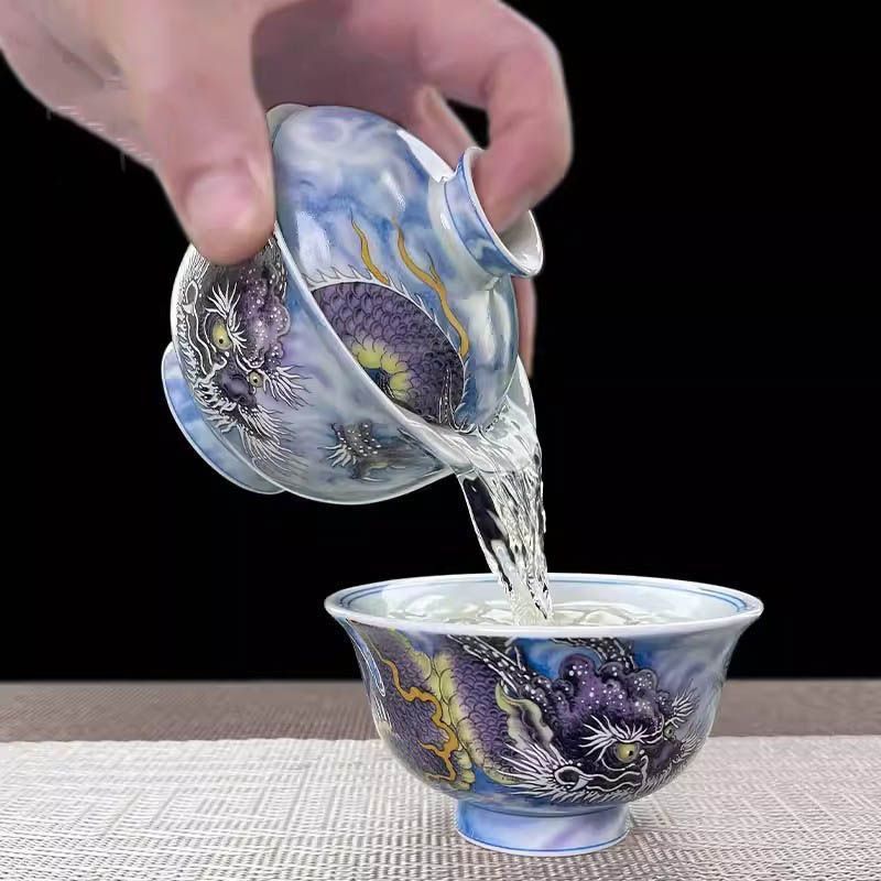 Jingdezhen Purple Dragon Gaiwan Tea Set – High-Fire Porcelain (5-Piece)