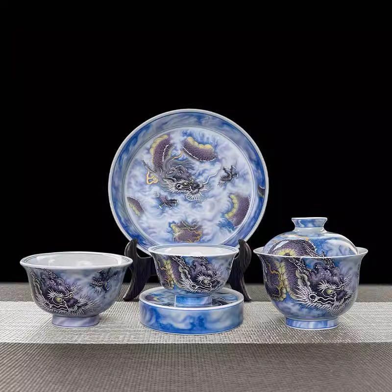 Jingdezhen Purple Dragon Gaiwan Tea Set – High-Fire Porcelain (5-Piece)